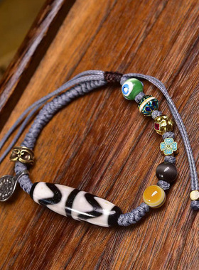 纯手工编织手绳可调节藏式文玩天然玛瑙宝瓶天珠虎牙天珠配饰手链