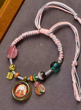 藏式文玩彩绘九尾狐擦擦吊坠琉璃玛瑙线珠配饰纯手工编织绳手链