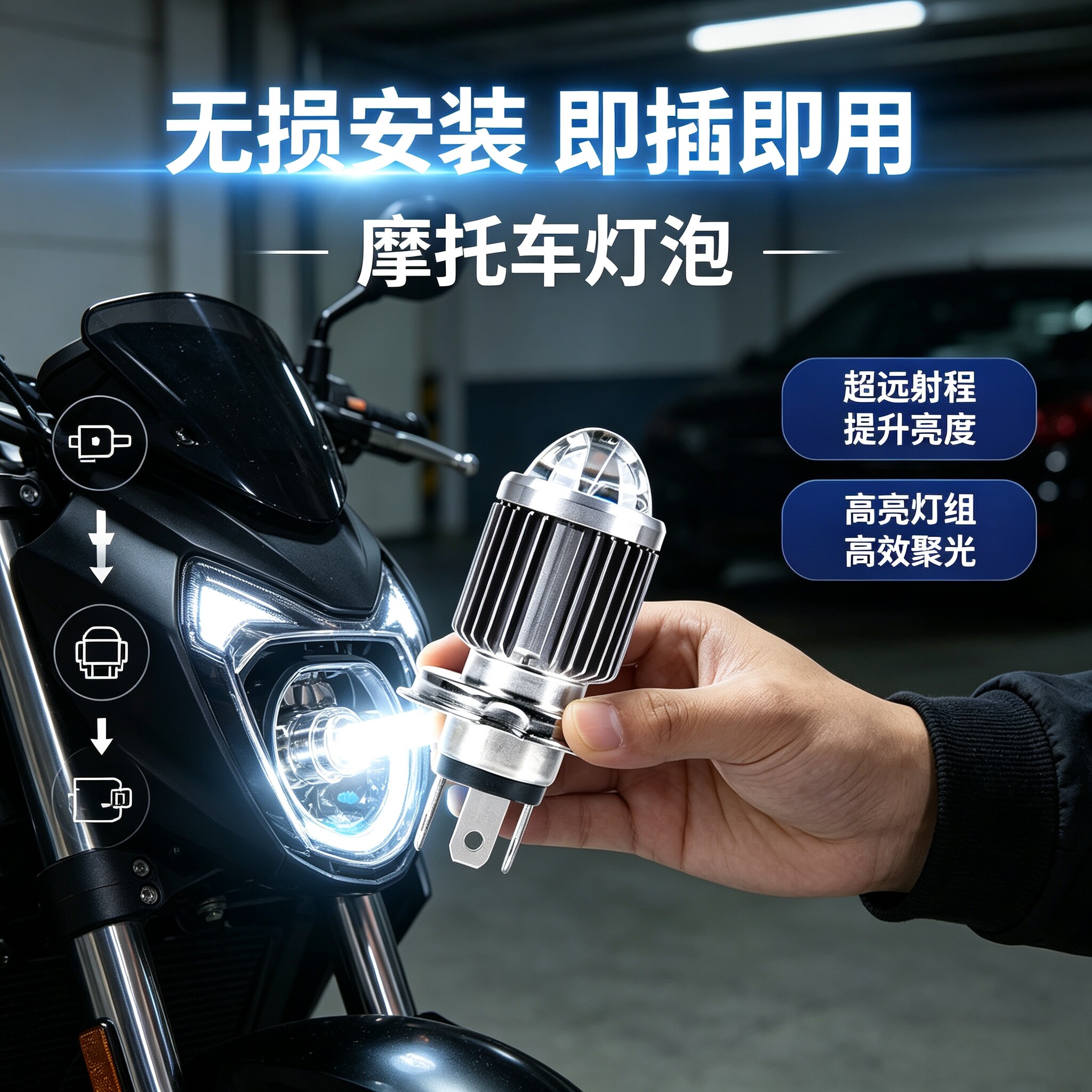 100W摩托车LED带透镜灯泡12V前大灯电动车灯内置三爪双爪高效聚光