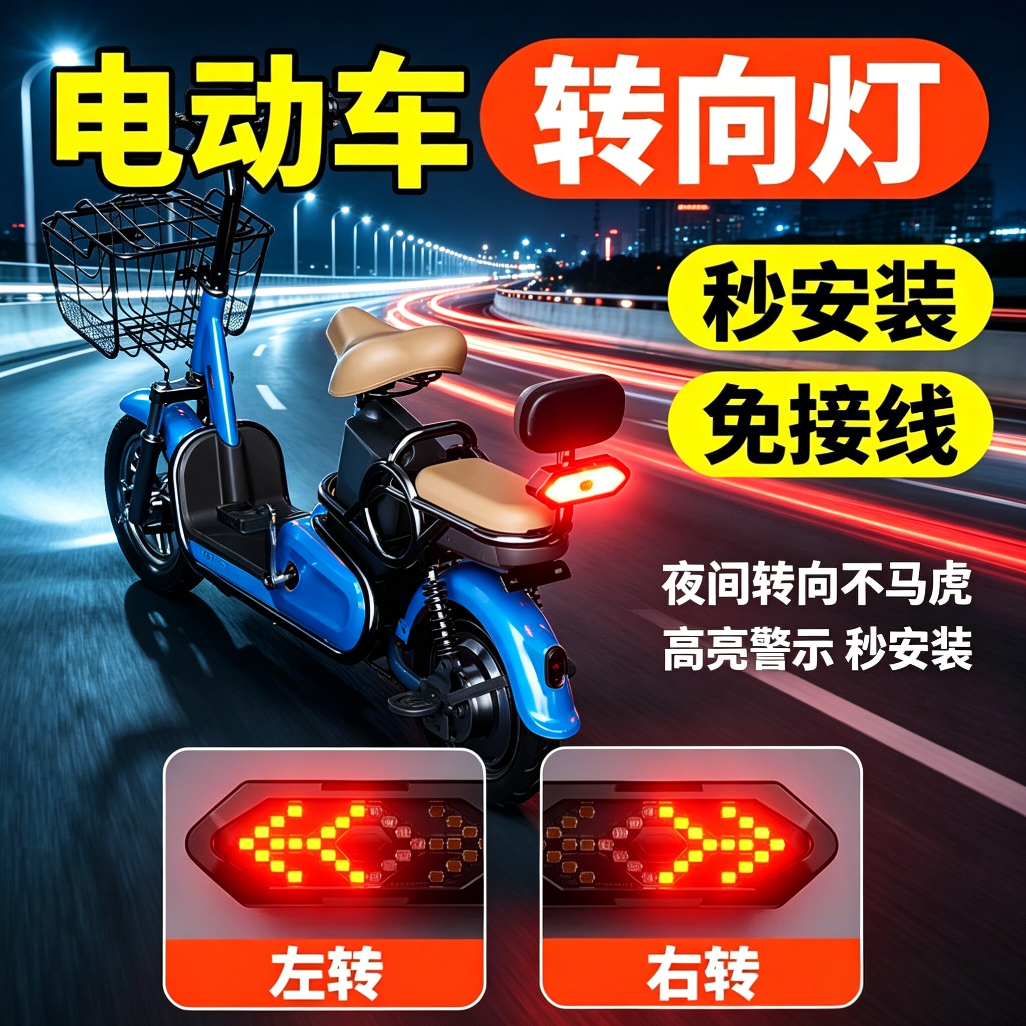 电动车转向灯七彩免接线秒安装夜间电瓶车转向警示灯高亮警示通用