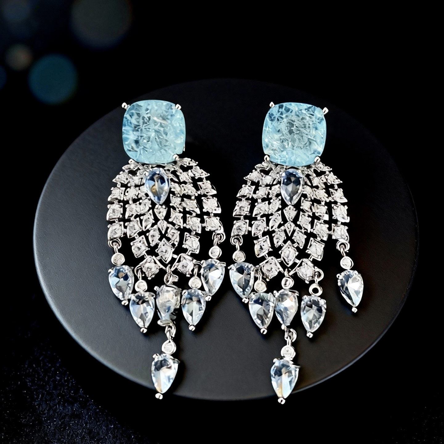 设计师款海蓝色锆石流苏耳环