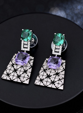 轻奢几何方形耳环女绿紫色水晶镶嵌复古高级感小众轻奢好看的耳环