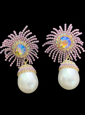 紫色烟花耳环超仙气质女神网红博主夸张S925银针长款流苏太阳耳饰