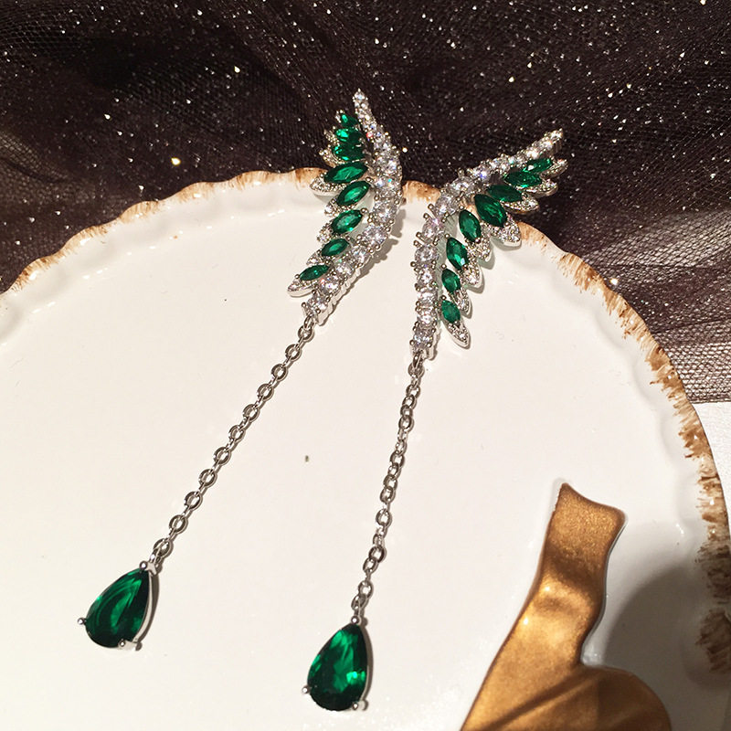 祖母绿翅膀耳环超仙气质优雅名媛圆脸显瘦长款水滴流苏羽毛耳饰女