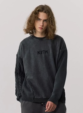 defans24秋冬Kith蜡染水洗针织衫圆领套头男卫衣拼接加厚保暖毛衣