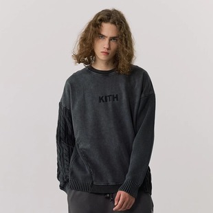 defans24秋冬Kith蜡染水洗针织衫 圆领套头男卫衣拼接加厚保暖毛衣