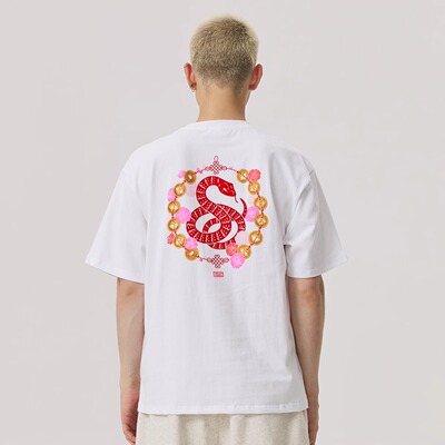 蛇年植绒Box如意结花朵印花短袖