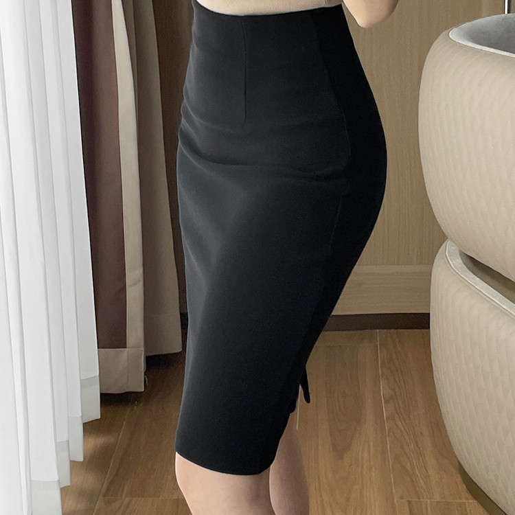 黑色修身半身裙女春夏新款小个子百搭弹力高腰中长款后开叉包臀裙