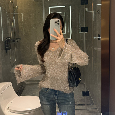 秋冬V领亮丝碎闪显瘦针织衫女