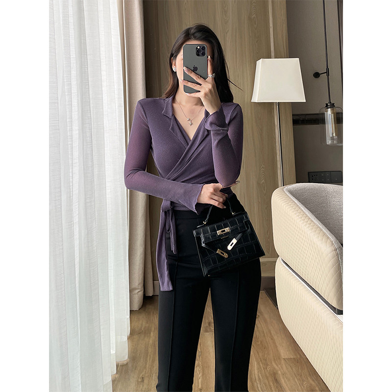紫色细闪长袖衬衫女春季纯欲绑带微喇V领气质收腰短款显瘦上衣女