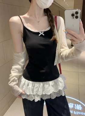 纯欲风+芭蕾风双buff！黑色蕾丝吊带背心女 蝴蝶结蛋糕下摆上衣