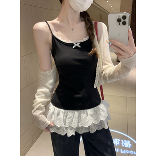 纯欲风+芭蕾风双buff！黑色蕾丝吊带背心女 蝴蝶结蛋糕下摆上衣