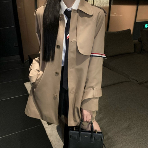 TB织带卡其色风衣女春秋新款减龄美式复古中长款休闲设计感外套潮