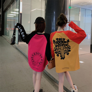 十字架马蹄印花撞色长袖T恤女夏季ins超火情侣设计感宽松显瘦上衣