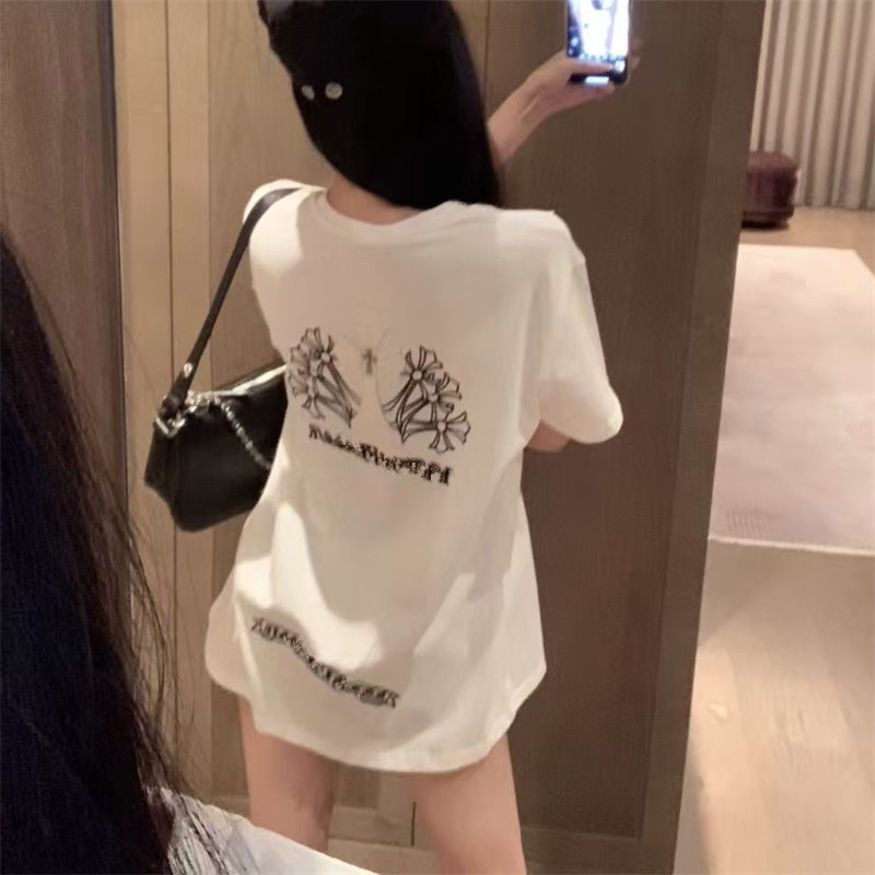 夏季新款韩版十字架梵文重工刺绣短袖T恤女ins宽松中长款百搭上衣图片