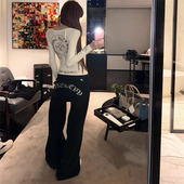 女秋冬新款 磨毛十字架梵文弹性修身 T恤 纯欲套装 松紧腰加绒直筒裤