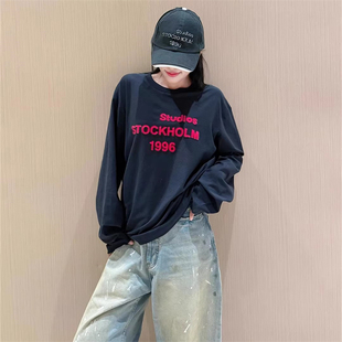 1996字母植绒印花圆领长袖T恤女春季新款韩版宽松中长款慵懒上衣