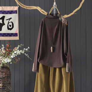 秋冬百搭双面德绒贴布打底衫上衣女复古半高领宽松显瘦针织衫绒衫