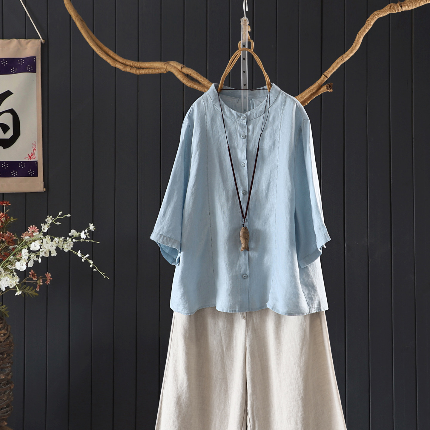 夏季通勤小立领100%亚麻五分袖上衣T女宽松文艺前短后长小衫衬衫