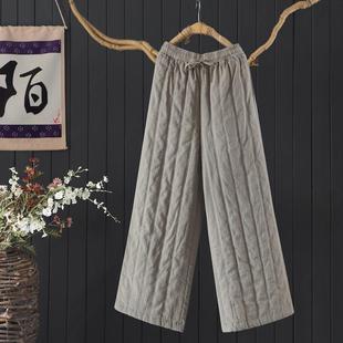 保暖棉裤 文艺宽松冬季 女 苎麻长裤 复古禅意绗线压线夹棉加厚阔腿裤