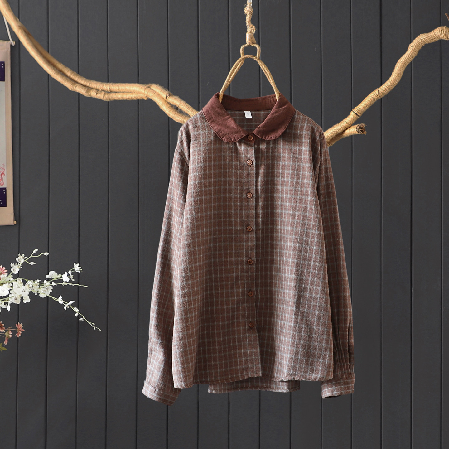 通勤百搭经典格子款长袖磨毛棉衬衫上衣女2026春宽松显瘦格纹衬衣