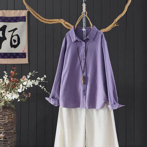春季纯色百搭100%全棉衬衫上衣女