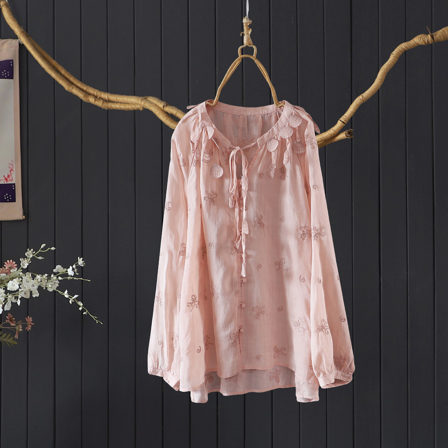 2026春夏立体花瓣拼接100%细苎麻刺绣长袖衬衫开衫文艺优雅茶服女