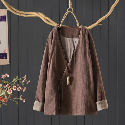 复古国风外套女棉麻V领禅茶服秋