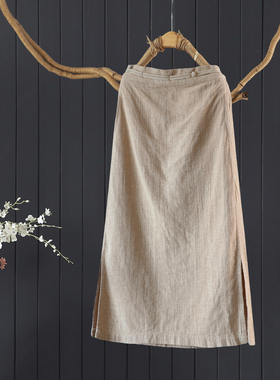 春秋款复古平腰盘扣纯色棉麻半身裙显瘦斜纹双织棉直筒八分九分裙