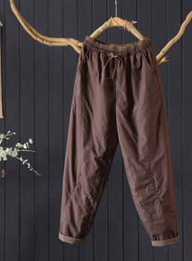 2025冬纯色夹棉加厚长裤靴裤女撞色系带100%棉哈伦小脚裤保暖棉裤