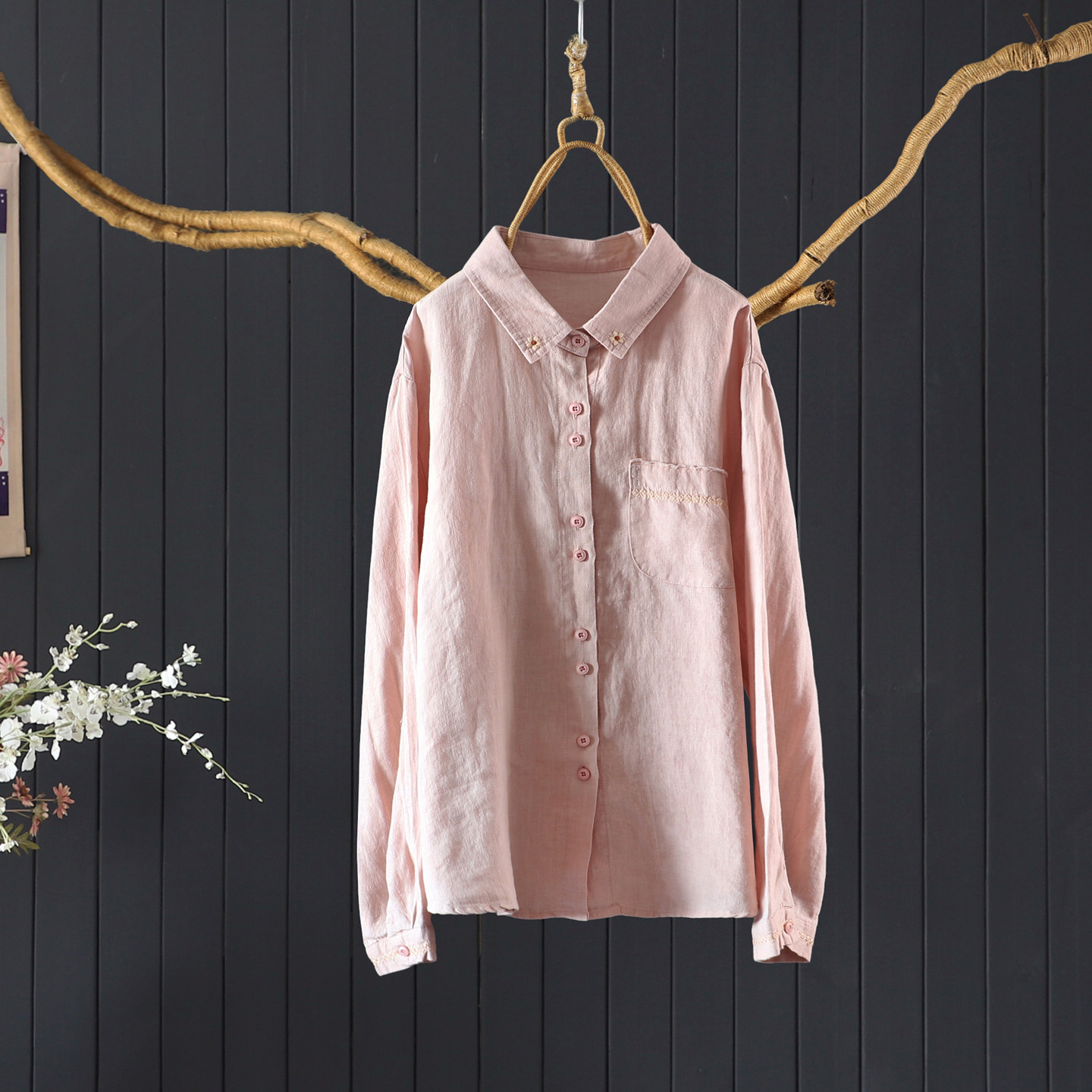 春新品文艺百搭翻领长袖100%亚麻衬衫上衣女透气包边双扣开衫衬衣
