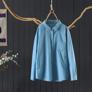 冬季宽松文艺翻领长袖夹棉款100%棉衬衫女士通勤百搭纯色棉服上衣