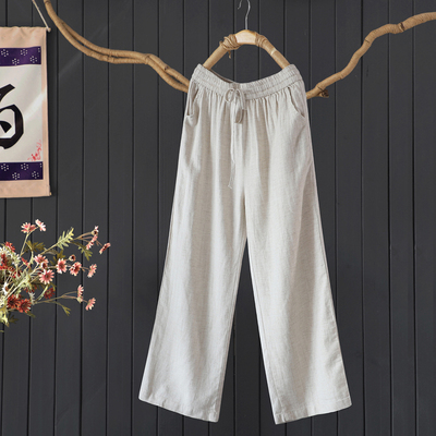 文艺显瘦松紧腰直筒裤长裤麻裤