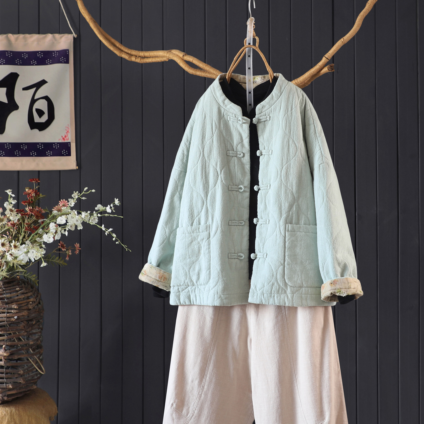 宽松慵懒立领盘扣夹棉保暖亚麻外套开衫冬复古国风中式棉衣棉服女