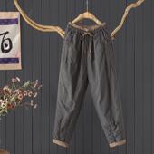 通勤简约撞色系带保暖哈伦裤 冬 棉裤 全棉小脚裤 女文艺宽松显瘦长裤