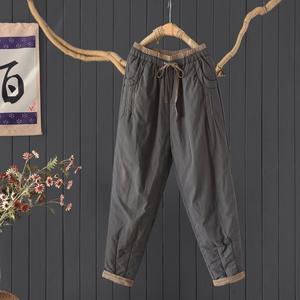 通勤简约撞色系带夹棉加厚哈伦裤小脚裤女文艺宽松显瘦长裤棉裤冬