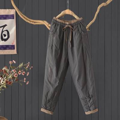 撞色松紧腰棉裤夹棉哈伦裤长裤女