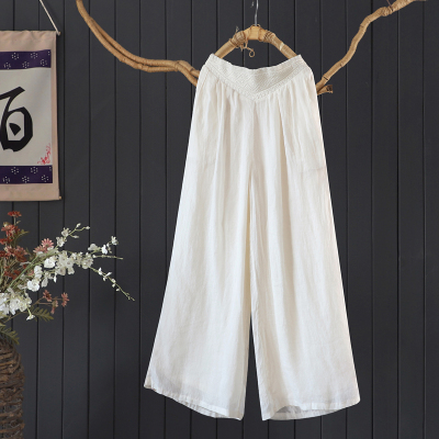 平腰刺绣100支细苎麻阔腿裤长裤