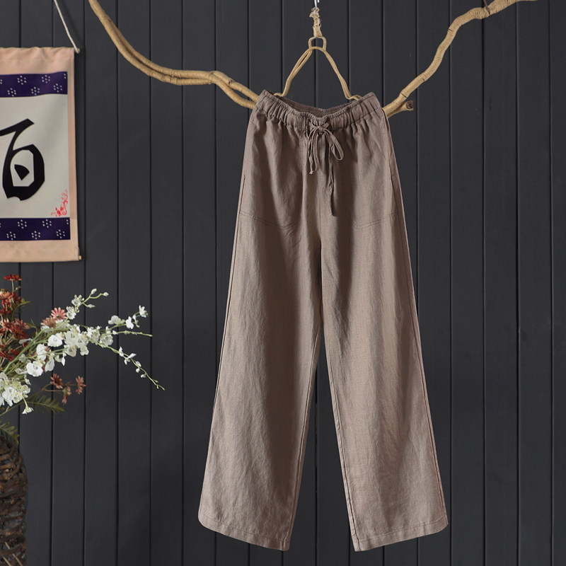 春夏季凉爽100%亚麻加长长裤女百搭文艺宽松显瘦纯色阔直筒裤茶裤