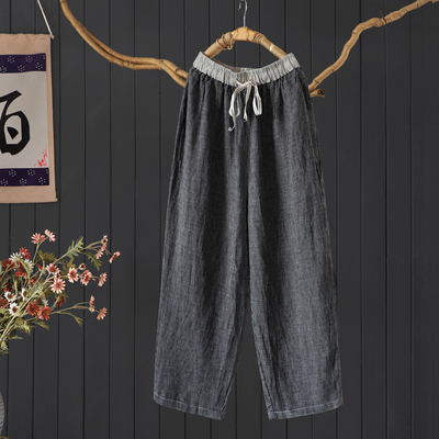 宽松格子汉麻加长长裤女山本裤夏