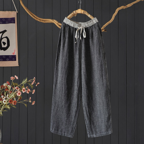 宽松格子汉麻加长长裤女山本裤夏