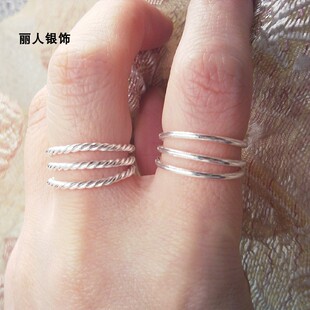 999纯银麻花戒指开口戒指环 999足银戒指女光面简约开口戒指指环