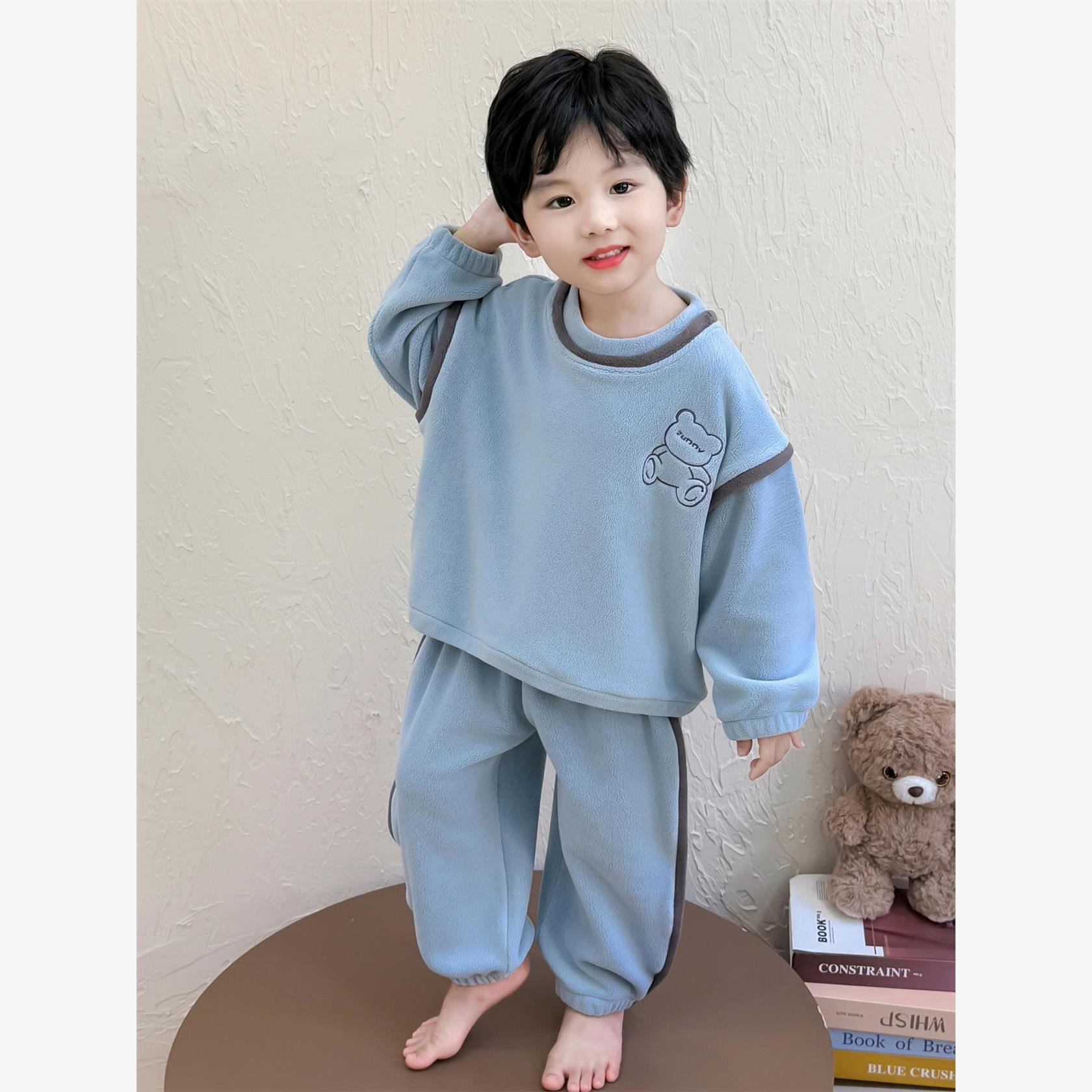 男童睡衣奥粒绒儿童加厚保暖家居服秋冬款男孩法兰绒卡通小熊套装