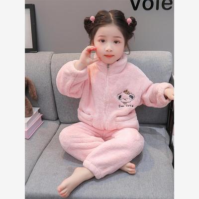 女童法兰绒睡衣秋冬款儿童珊瑚绒拉链开衫套装女孩卡通保暖家居服