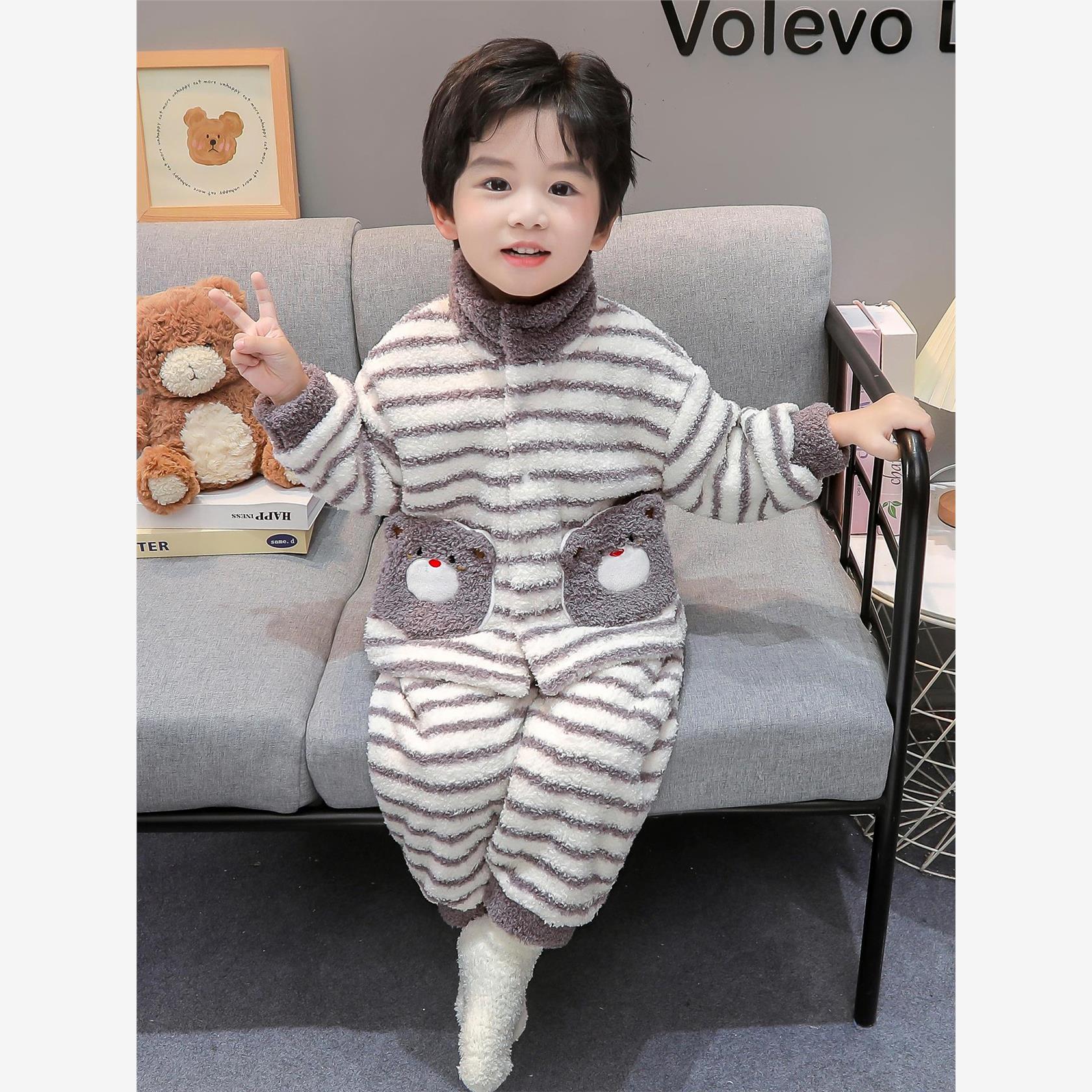 儿童睡衣秋冬款男童家居服珊瑚绒冬季加绒加厚男宝宝卡通开衫套装