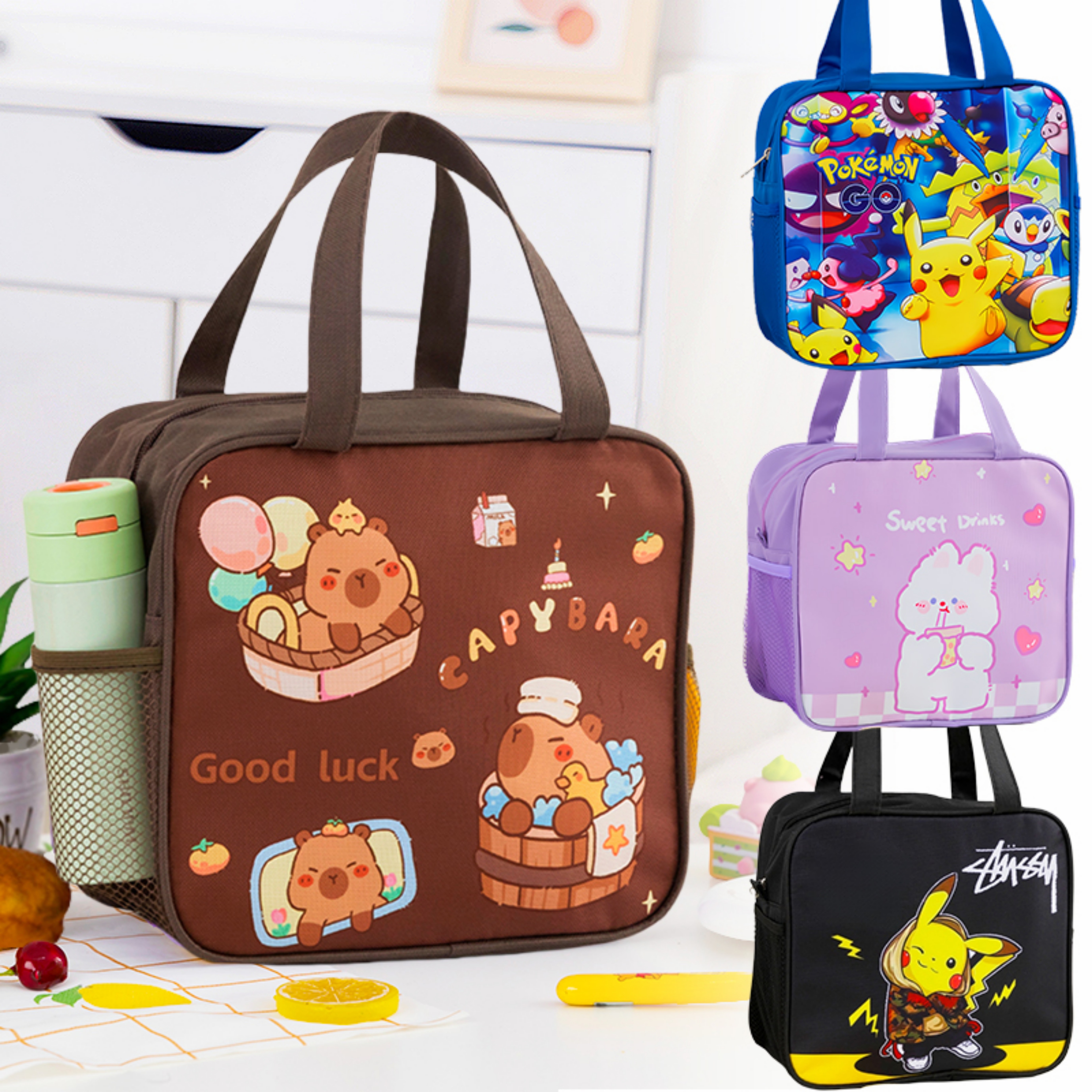 卡通小学生保温饭盒袋子手提包儿童防水手拎饭兜大号午餐袋便当包