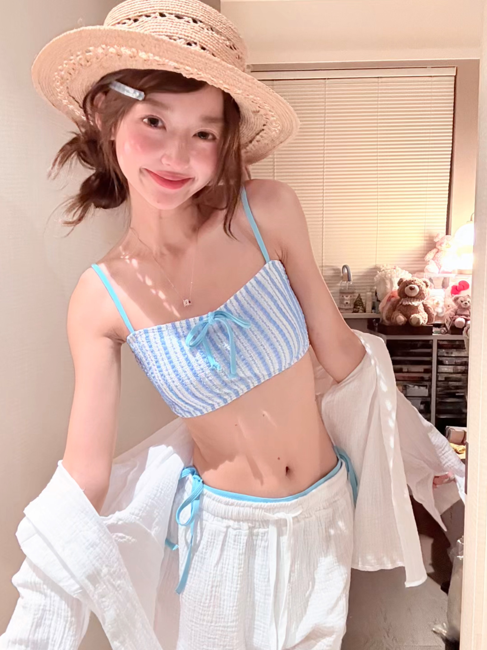 白色长袖宽松衬衫短裤亚麻透气分体泳衣女比基尼蓝色度假沙滩玩水