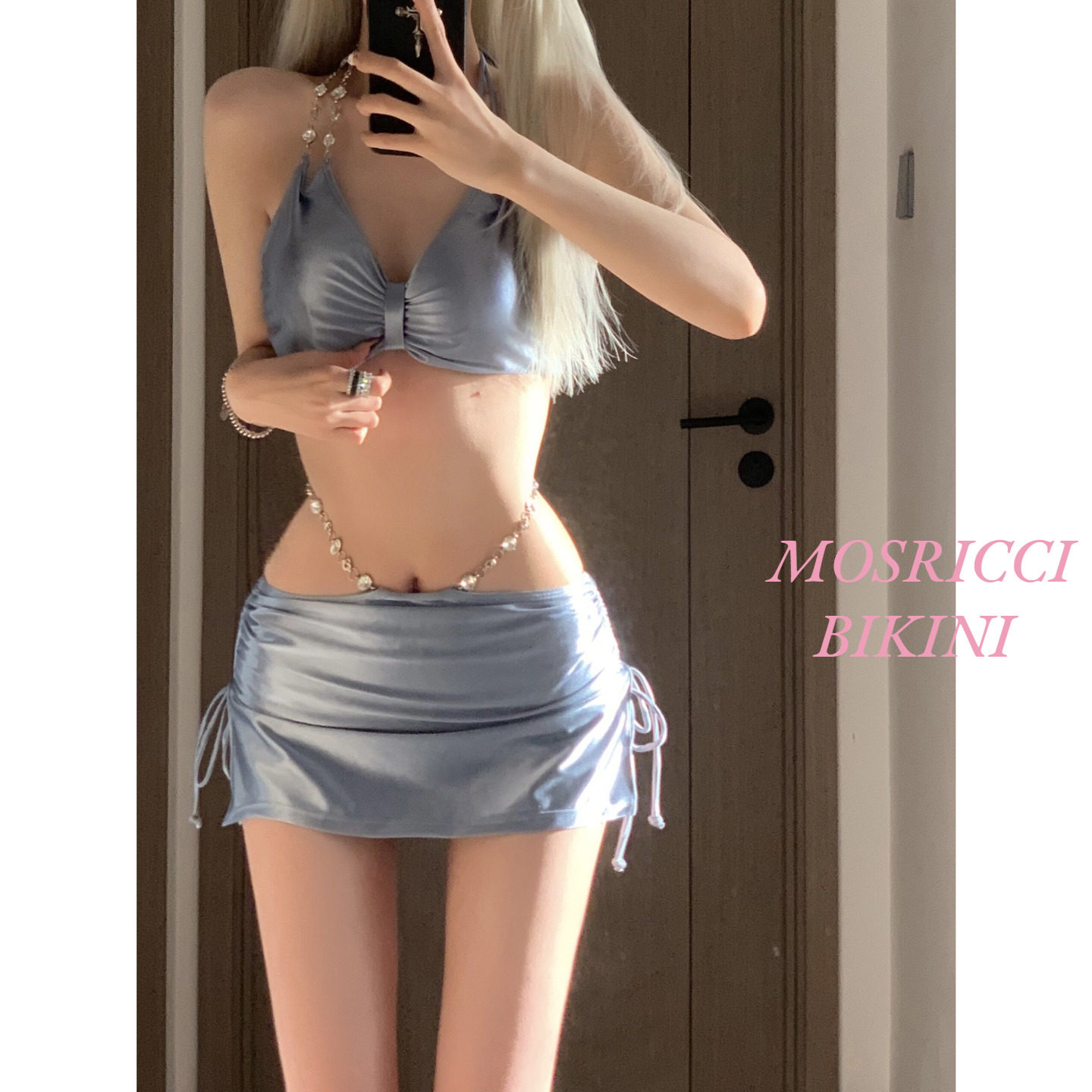 mosricci性感纯欲沙滩度假温泉比基尼钢托小胸聚拢裙式分体泳衣女