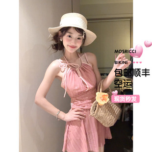 连体泳衣女裙式 收腰平角裤 粉色少女小清新 保守小胸聚拢修身 韩版