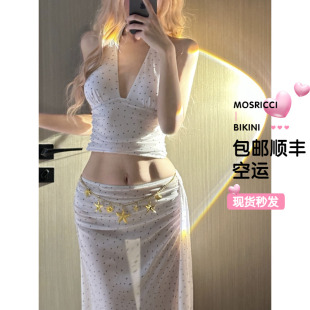 法式 挂脖海边度假穿搭沙滩裙包臀半身裙两件套分体泳衣 波点套装